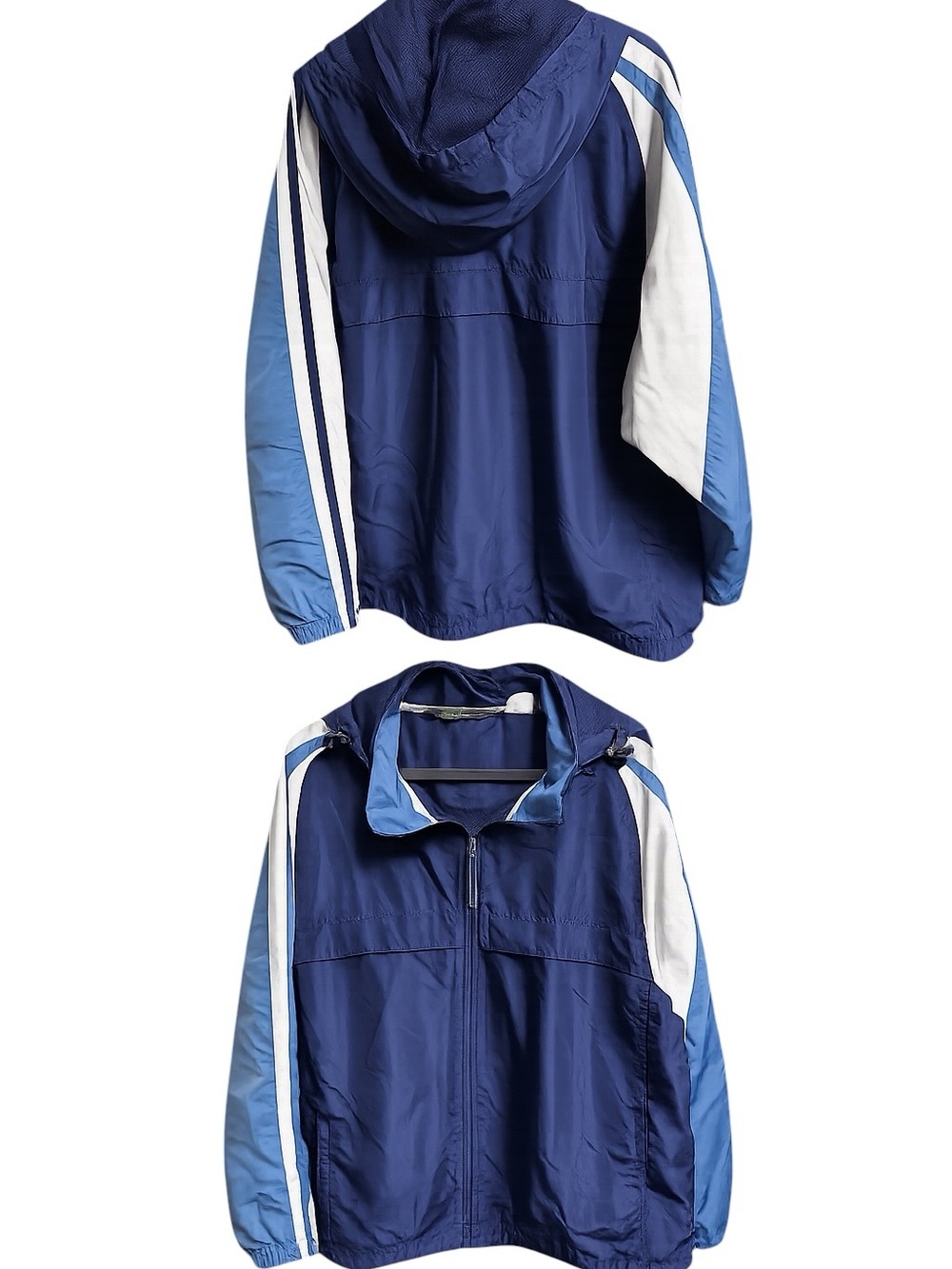 Tek Gear Men’s Hooded Windbreaker Jacket Navy/Blue Colorblock Lightweight